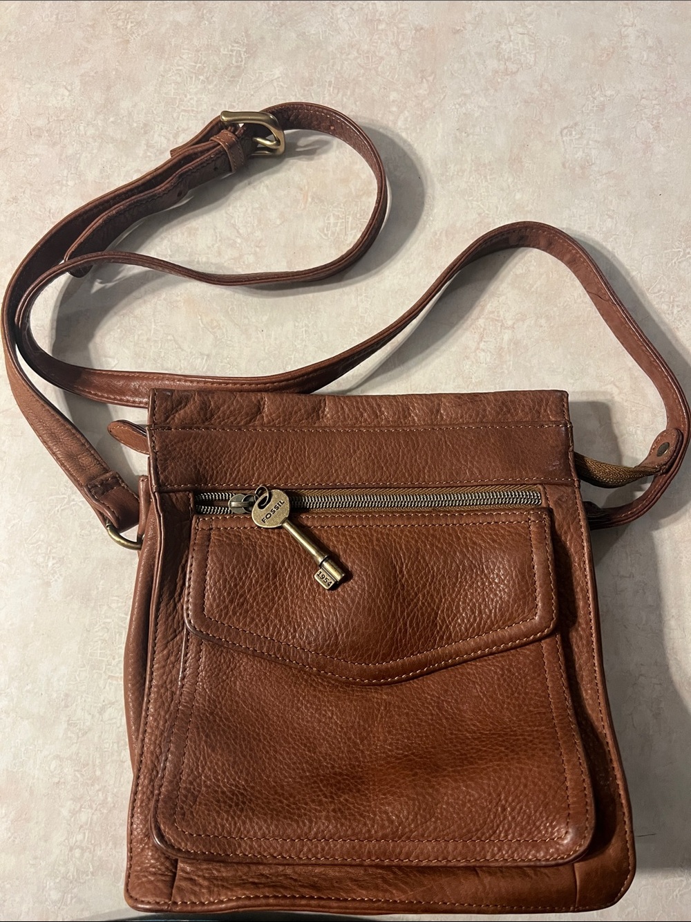 Fossil Brown Pebbled Leather Crossbody Bag with Key Charm